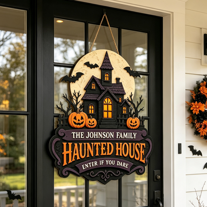 Custom Haunted House Family Halloween Door Hanger