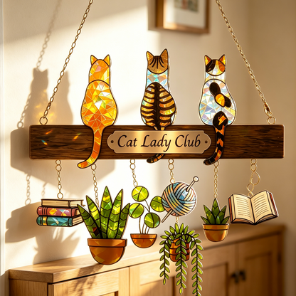 Custom Three Cats Stained Glass Window Hanging Sign