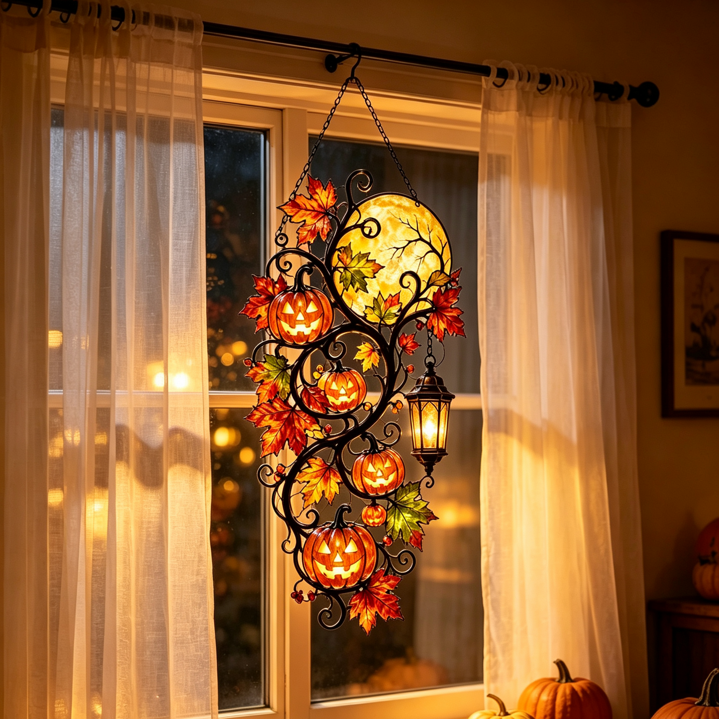 Halloween Pumpkin Moon Stained Glass Window Hanging