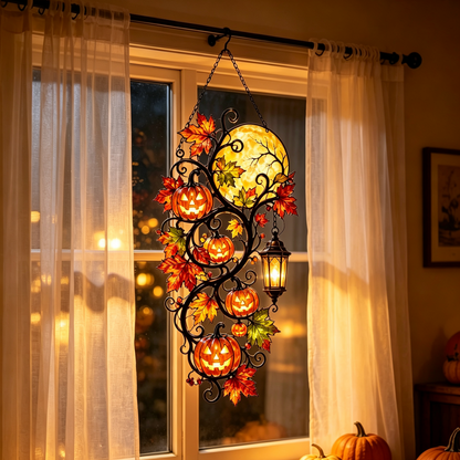 Halloween Pumpkin Moon Stained Glass Window Hanging