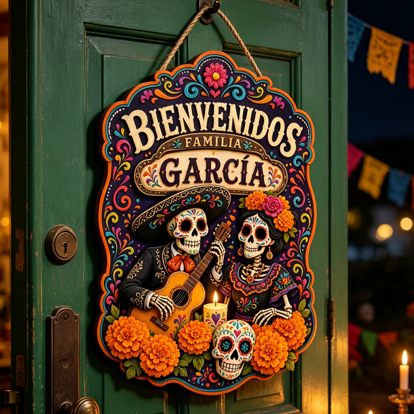 Personalized Dia De Los Muertos Familia Name Hanging Sign