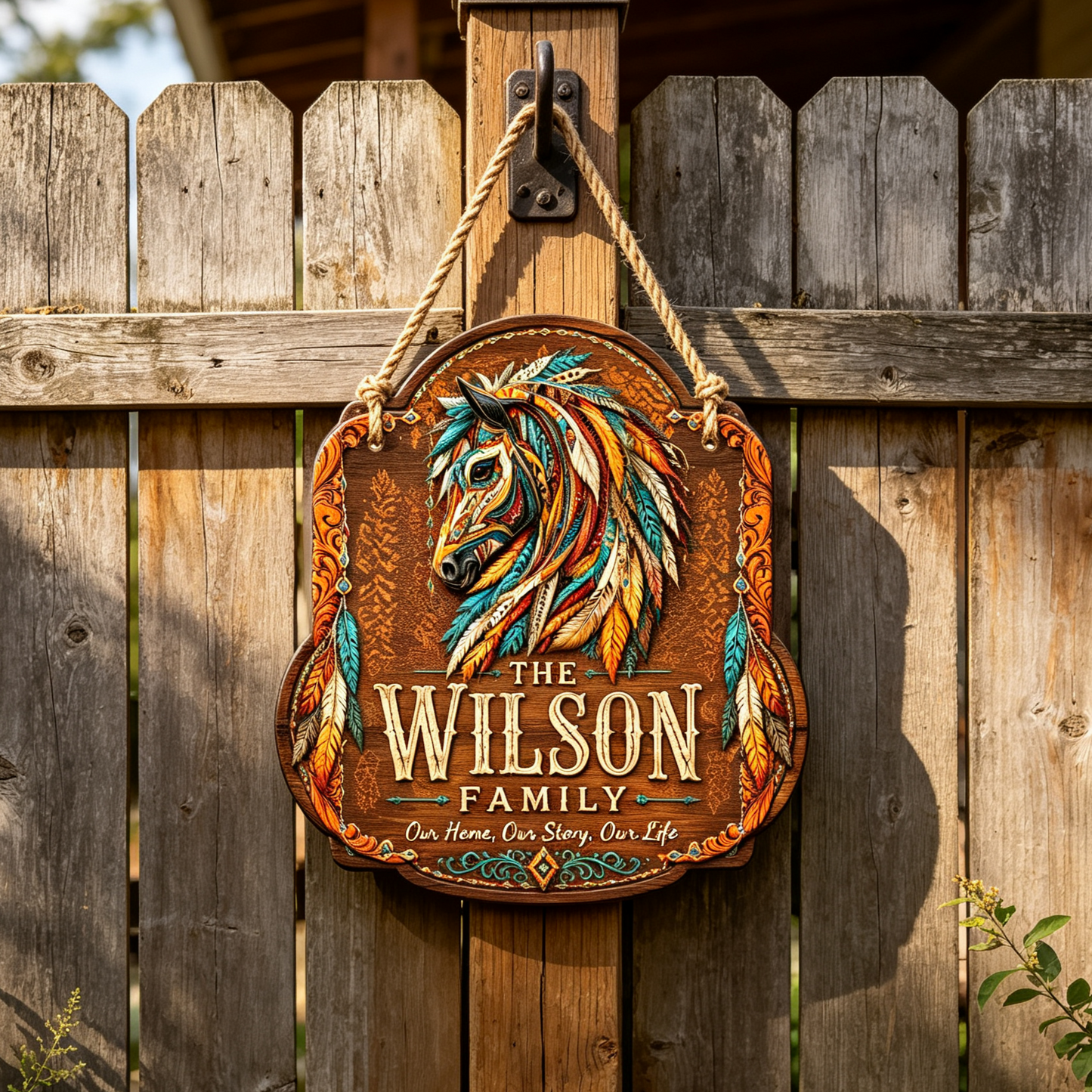 Custom Southwest Feather Horse Family Wood Sign