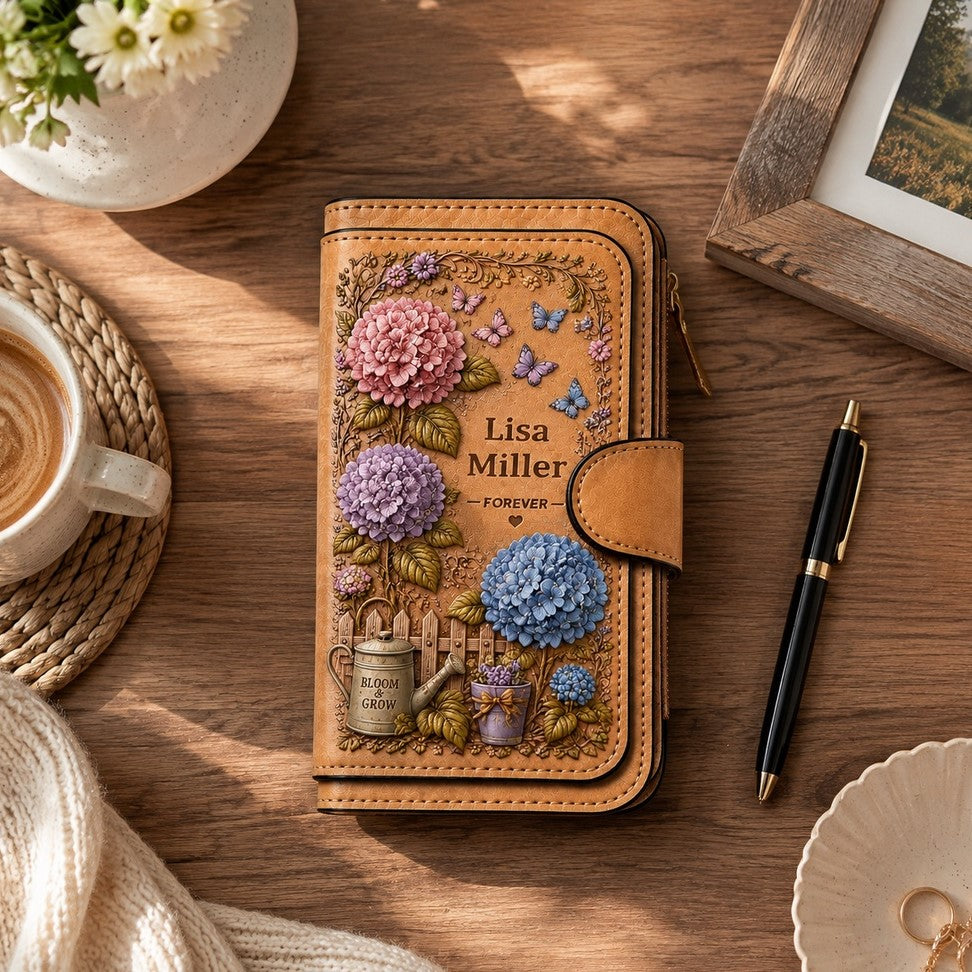 🌸Custom Name Women Floral Leather Wallet 🌻Personalized Vintage Flower Butterfly Long Clutch Purse Hydrangea Sunflower Lavender Rose Custom Gift for Her