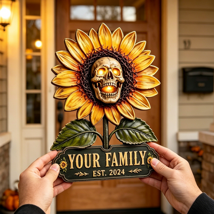 Personalized Sunflower Skull Family Name Door Sign