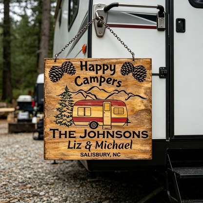 Custom Happy Campers RV Family Name Sign