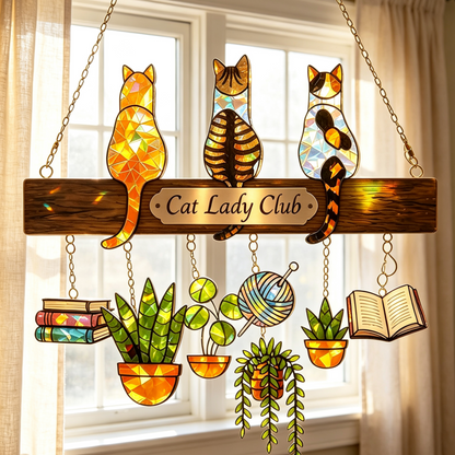 Custom Three Cats Stained Glass Window Hanging Sign
