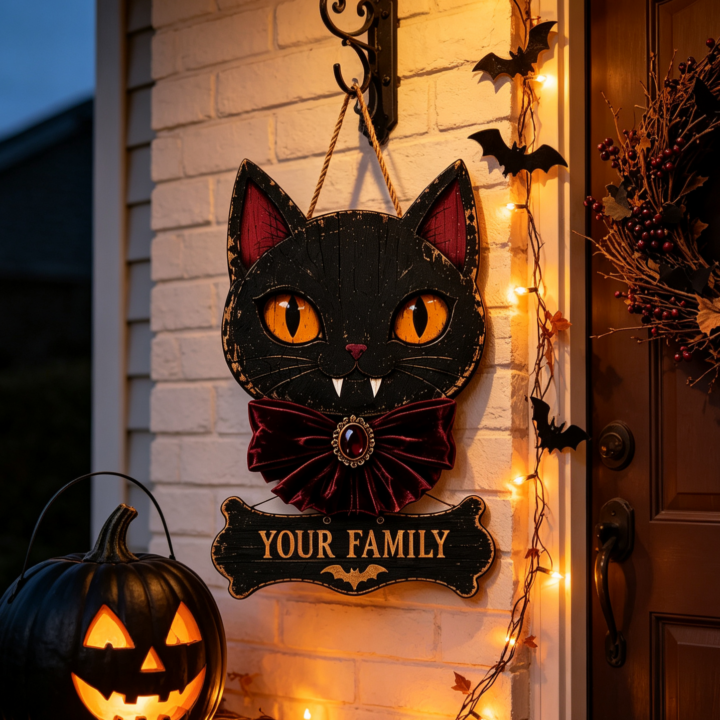 Custom Black Cat Halloween Family Name Sign