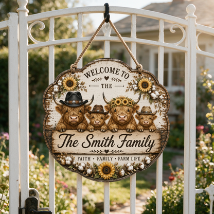 Custom Highland Cow Farm Family Welcome Sign
