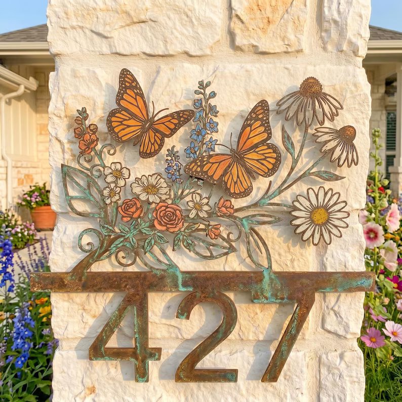 Personalized Monarch Butterfly Floral House Number Sign