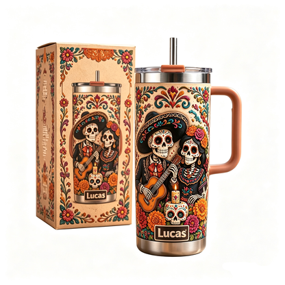 💀 Personalized Día de los Muertos Sugar Skull Couple 40oz Handle Tumbler 🌺🎸