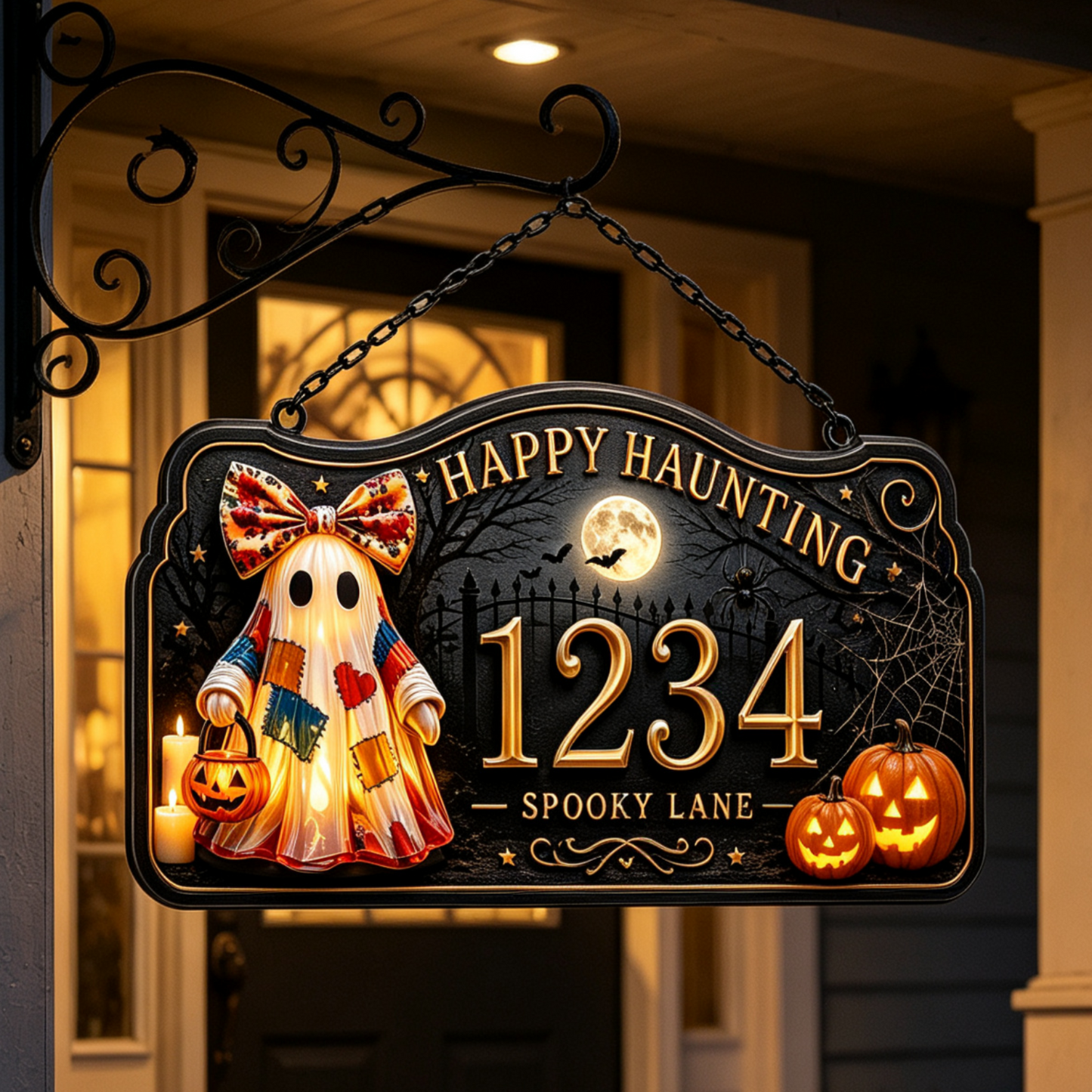 Patchwork Ghost Halloween Custom House Number Sign