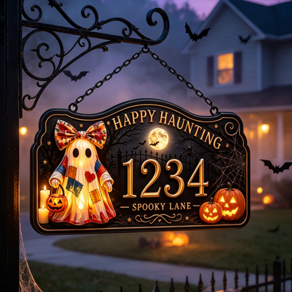 Patchwork Ghost Halloween Custom House Number Sign