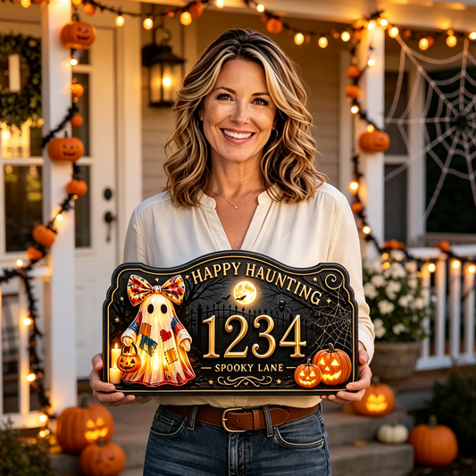 Patchwork Ghost Halloween Custom House Number Sign