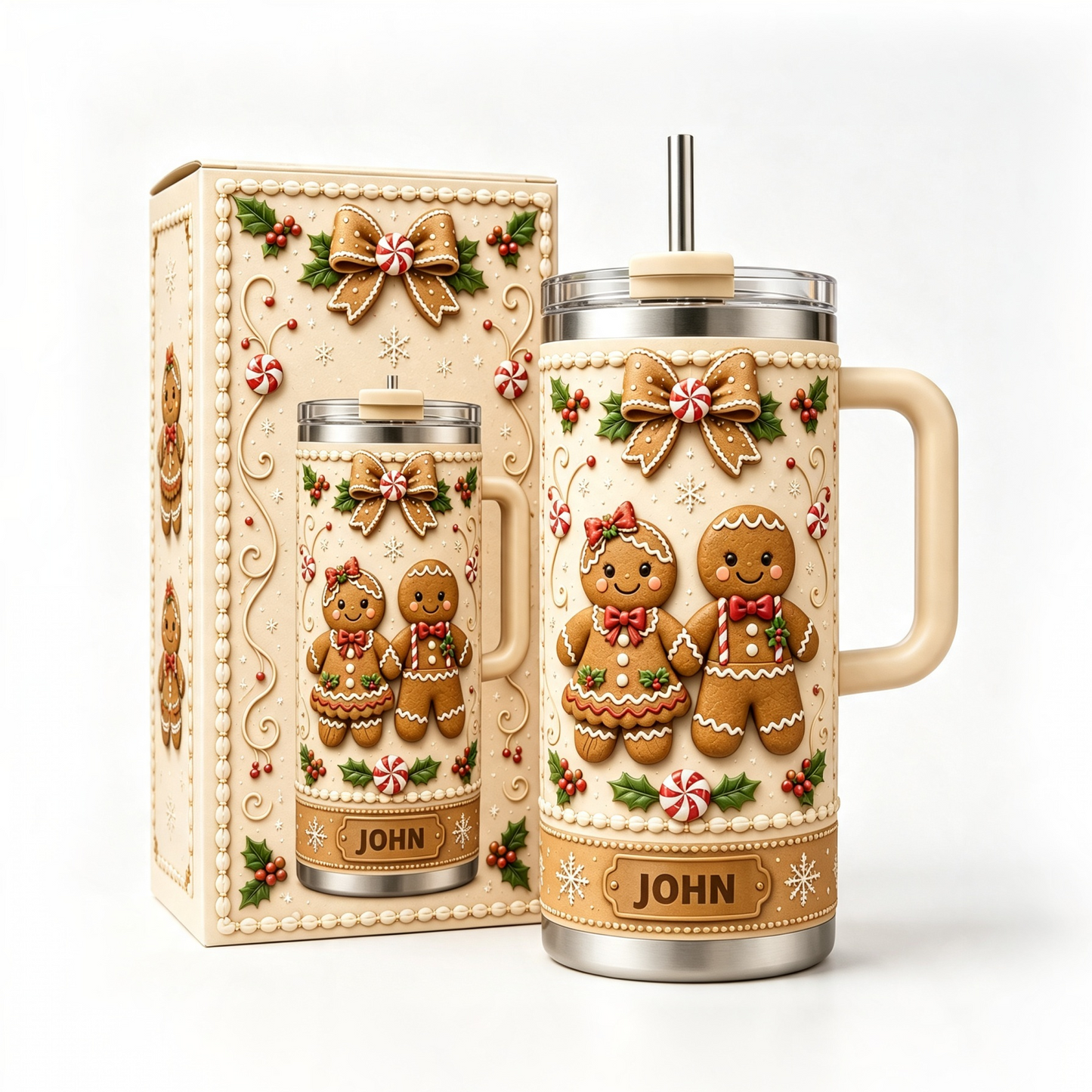 🍪 Personalized Christmas Gingerbread Couple 40oz Handle Tumbler 🎄✨