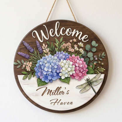 Personalized Hydrangea Dragonfly Welcome Wooden Door Hanger