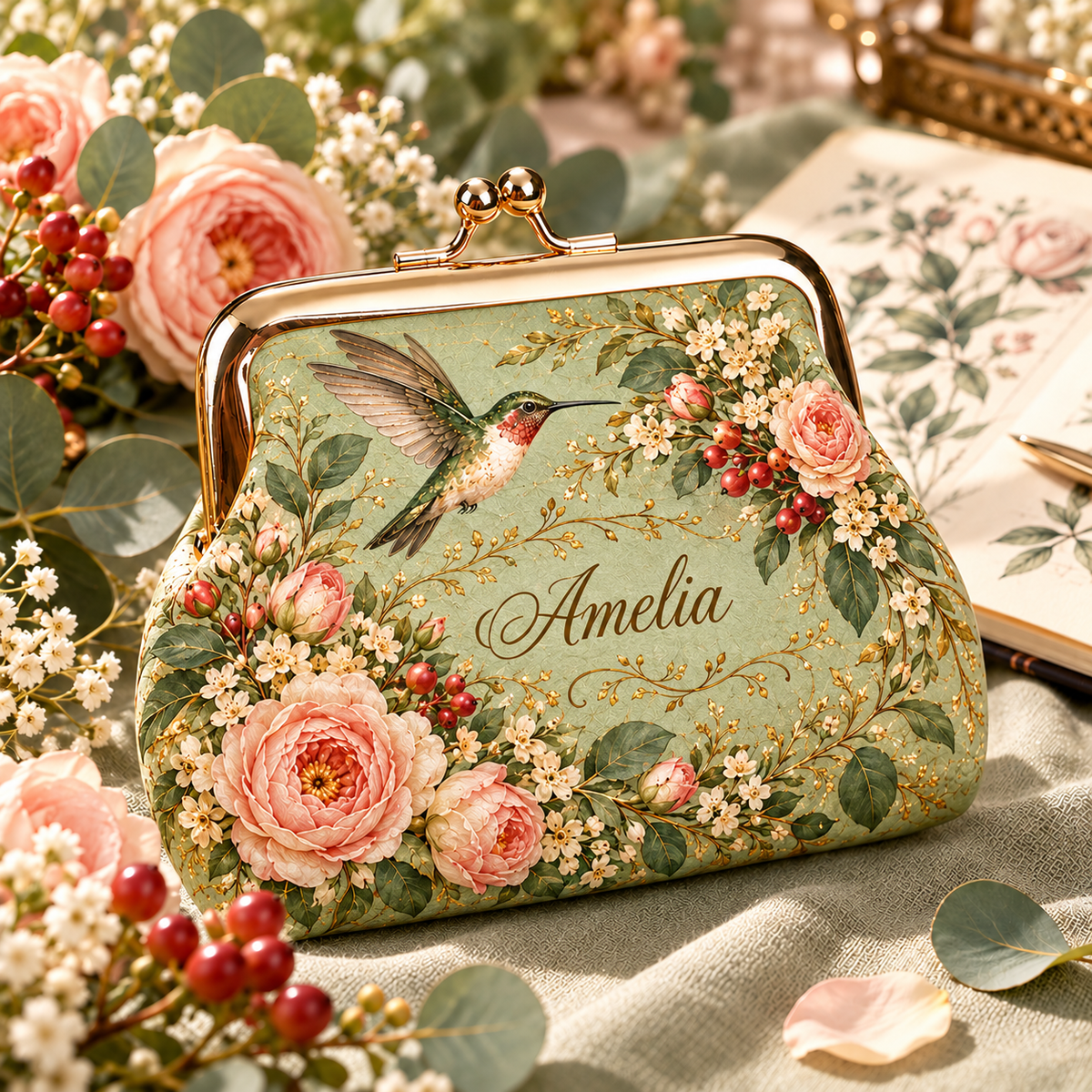 🌸 Personalized Vintage Floral Kiss Lock Coin Purse – Custom Name | 5 Styles