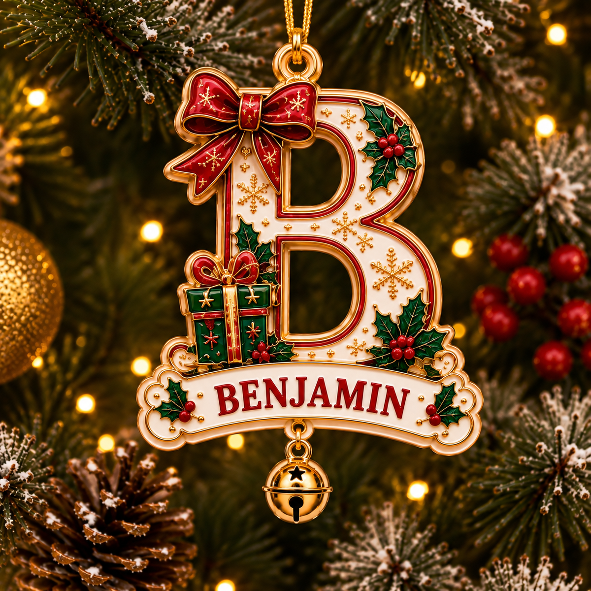 🎄 Personalized Christmas Initial Ornament with Name – Festive Bow & Gift Design