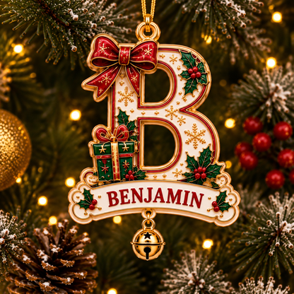 🎄 Personalized Christmas Initial Ornament with Name – Festive Bow & Gift Design