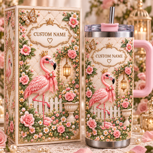 Personalized Flamingo Garden Tumbler with Custom Name – Floral Stainless Steel Cup with Handle & Straw