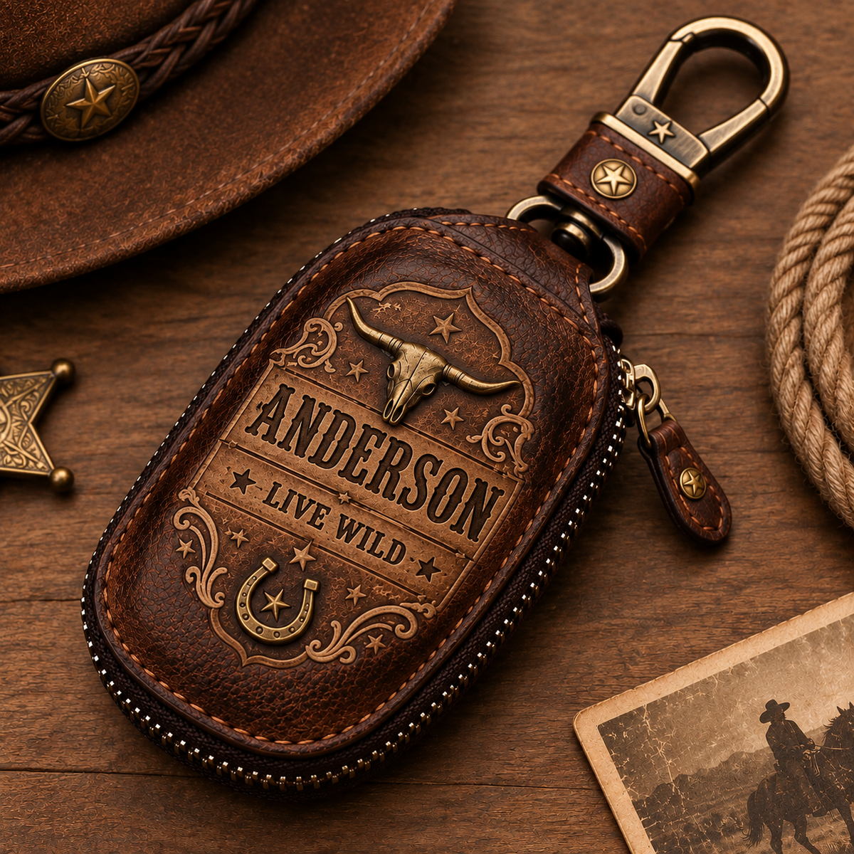 🤠Custom Name Western Cowboy Key Fob Cover 🐂 Vintage Leather Longhorn Key Case