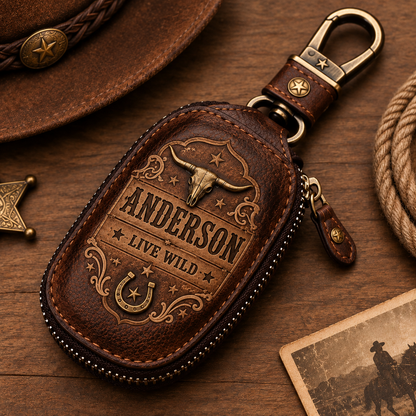🤠Custom Name Western Cowboy Key Fob Cover 🐂 Vintage Leather Longhorn Key Case