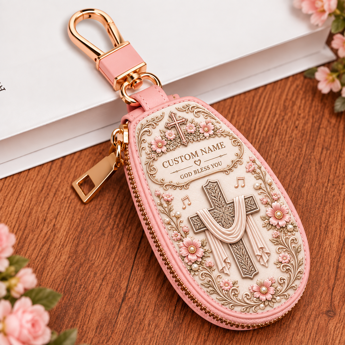 Personalized Christian Key Case – Custom Name Floral Cross Keychain Holder