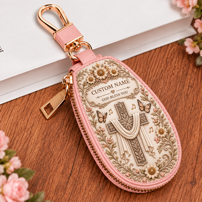 Personalized Christian Key Case – Custom Name Floral Cross Keychain Holder