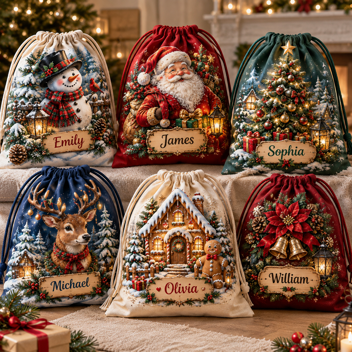 🎅Custom Name Christmas Gift Sack 🎄 6 Festive Holiday Drawstring Sacks