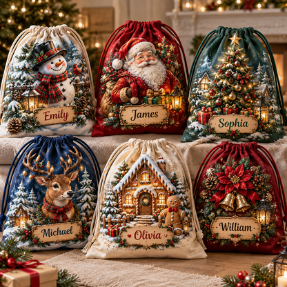 🎅Custom Name Christmas Gift Sack 🎄 6 Festive Holiday Drawstring Sacks