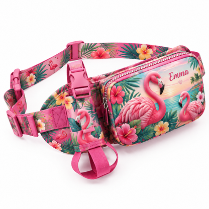 🦩Custom Name Flamingo Fanny Pack 🌴 Tropical Waist Bag for Travel & Sports