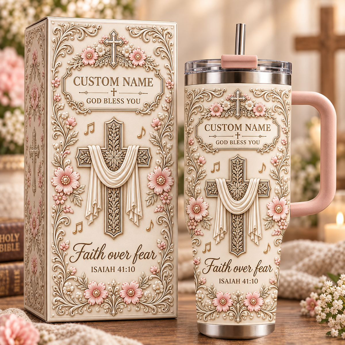 ✝️ Personalized Faith Cross Tumbler – Custom Name “Faith Over Fear” Christian Travel Mug Gift Set