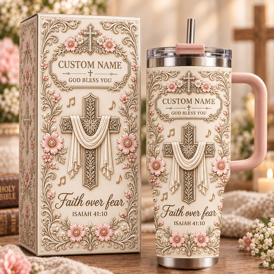 ✝️ Personalized Faith Cross Tumbler – Custom Name “Faith Over Fear” Christian Travel Mug Gift Set