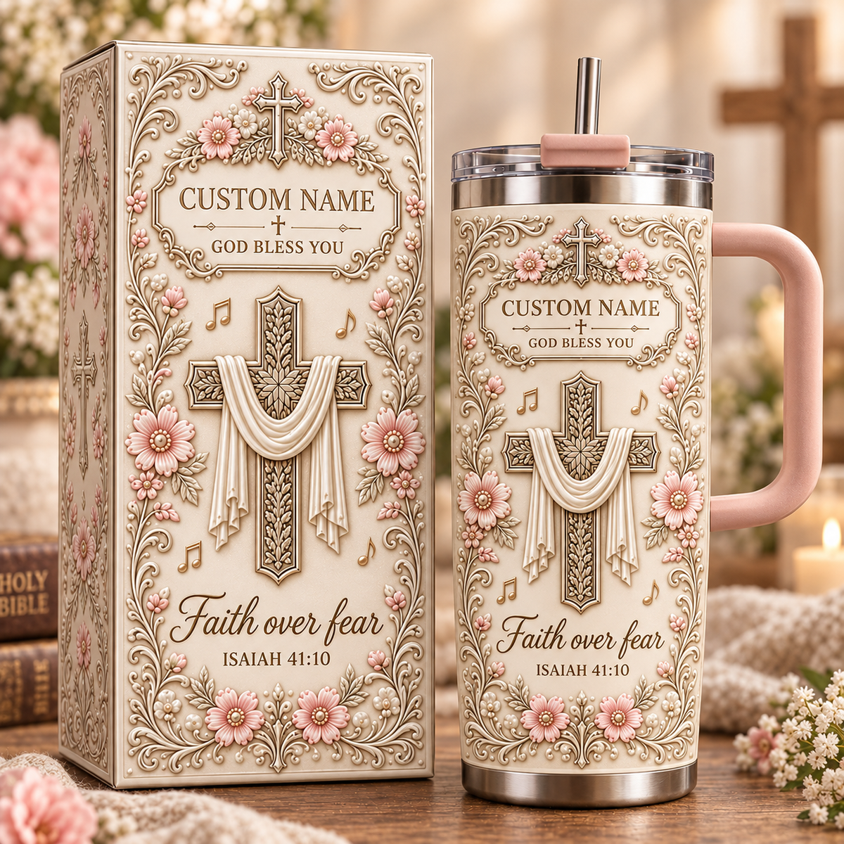 ✝️ Personalized Faith Cross Tumbler – Custom Name “Faith Over Fear” Christian Travel Mug Gift Set