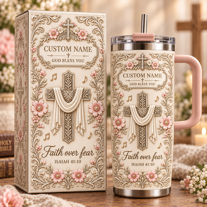 ✝️ Personalized Faith Cross Tumbler – Custom Name “Faith Over Fear” Christian Travel Mug Gift Set