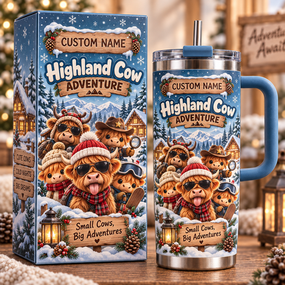 🐮 Personalized Highland Cow Adventure Tumbler – Custom Name Winter Travel Mug Gift Set