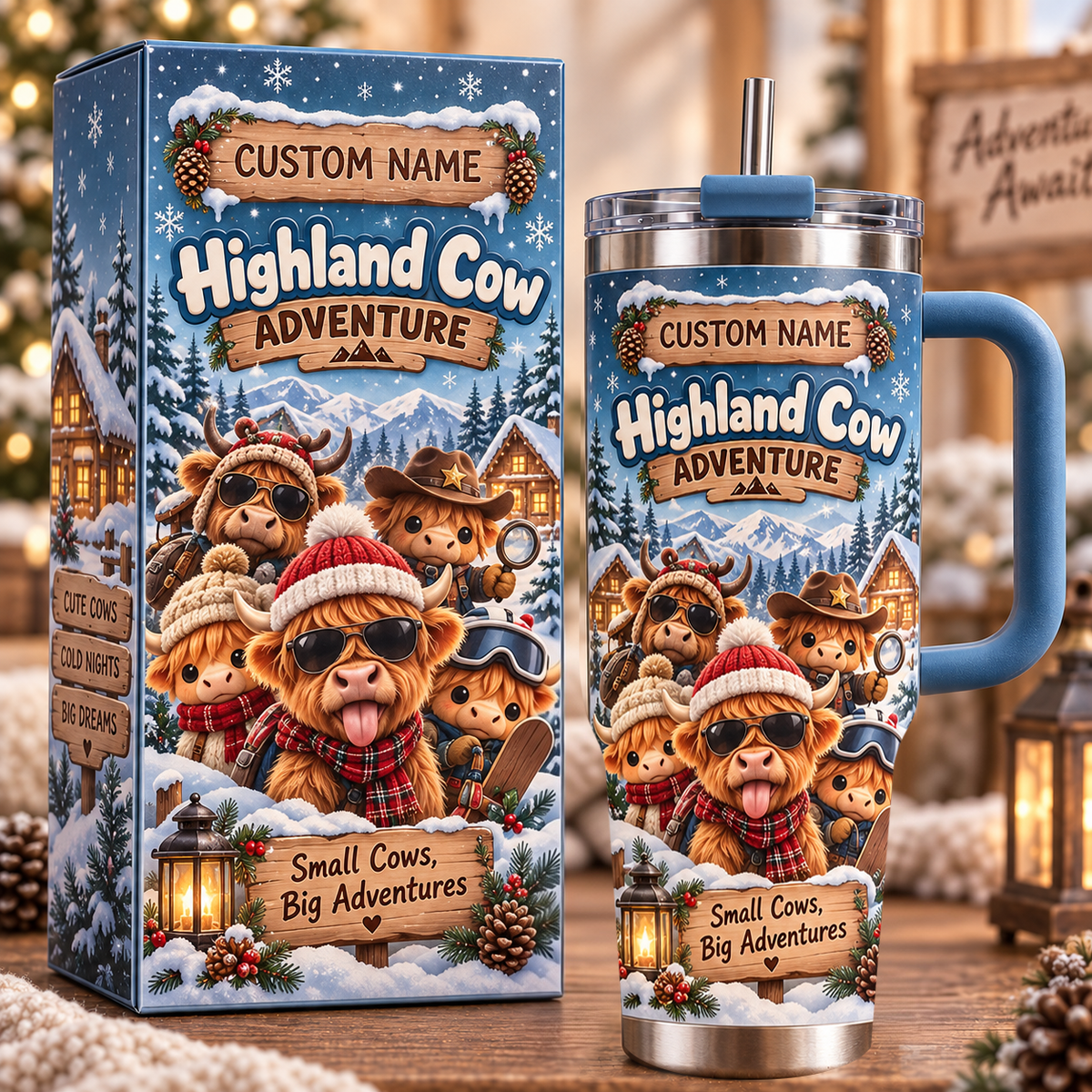 🐮 Personalized Highland Cow Adventure Tumbler – Custom Name Winter Travel Mug Gift Set