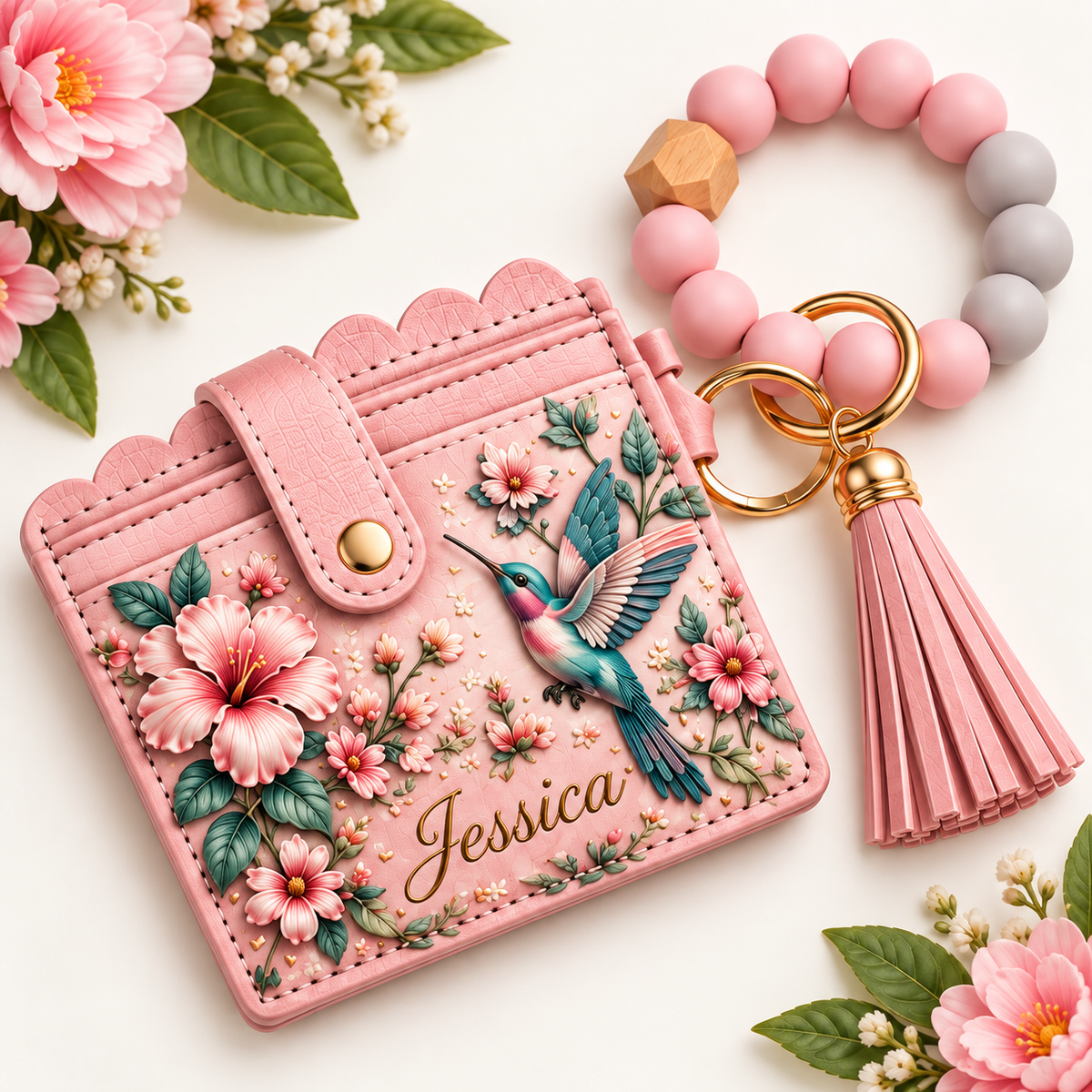 Personalized Floral Wristlet Card Holder – Custom Name Mini Wallet Keychain with Beaded Bracelet & Tassel