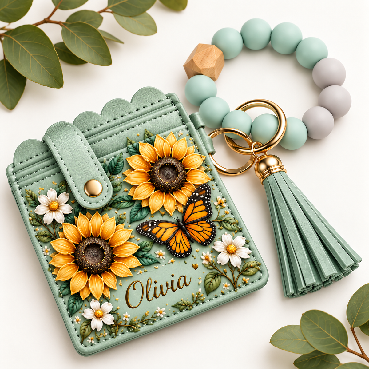 Personalized Floral Wristlet Card Holder – Custom Name Mini Wallet Keychain with Beaded Bracelet & Tassel