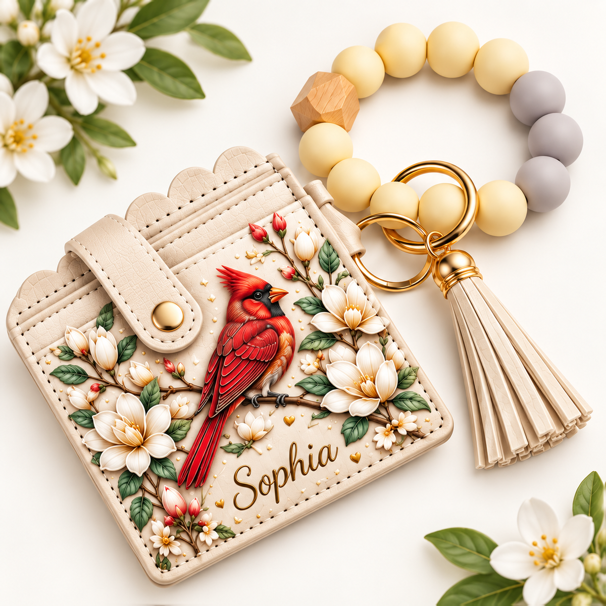 Personalized Floral Wristlet Card Holder – Custom Name Mini Wallet Keychain with Beaded Bracelet & Tassel