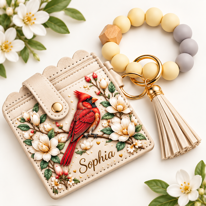 Personalized Floral Wristlet Card Holder – Custom Name Mini Wallet Keychain with Beaded Bracelet & Tassel