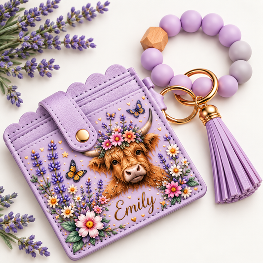 Personalized Floral Wristlet Card Holder – Custom Name Mini Wallet Keychain with Beaded Bracelet & Tassel