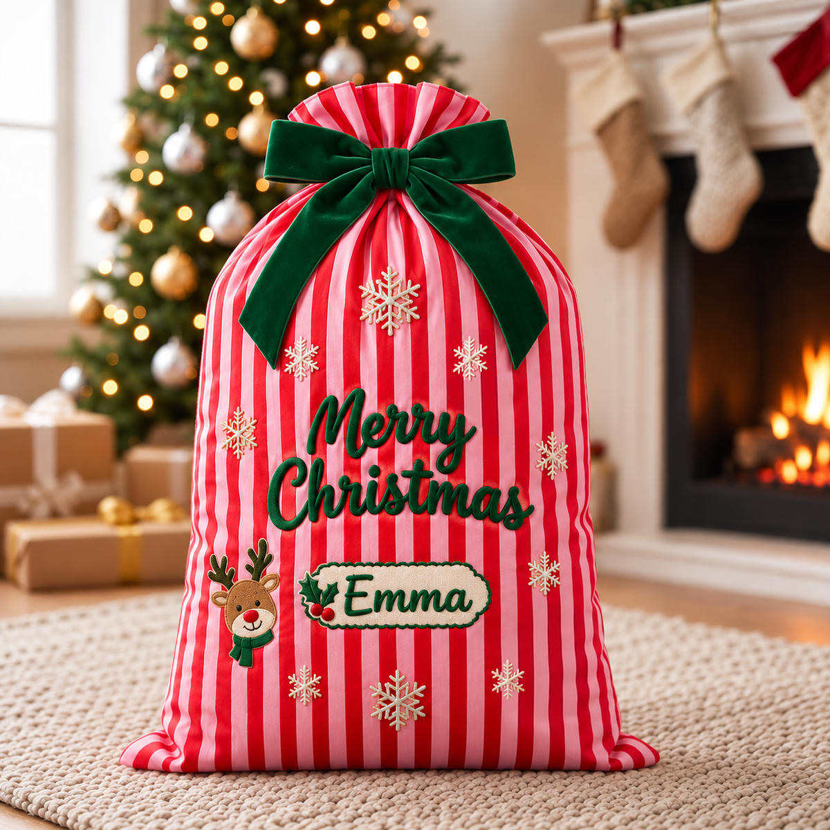 Personalized Striped Christmas Gift Sack, Custom Embroidered Name Santa Bag