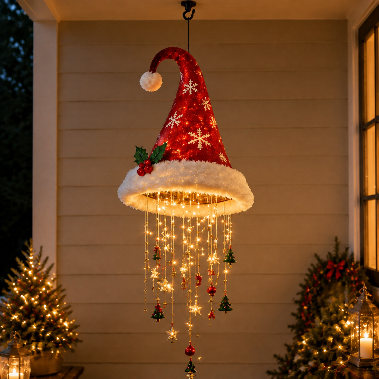 🎅 Lighted Santa Hat Hanging Chandelier 🎄 | 5 Styles Warm LED Christmas String Light | Indoor Outdoor Porch Holiday Decor Gift