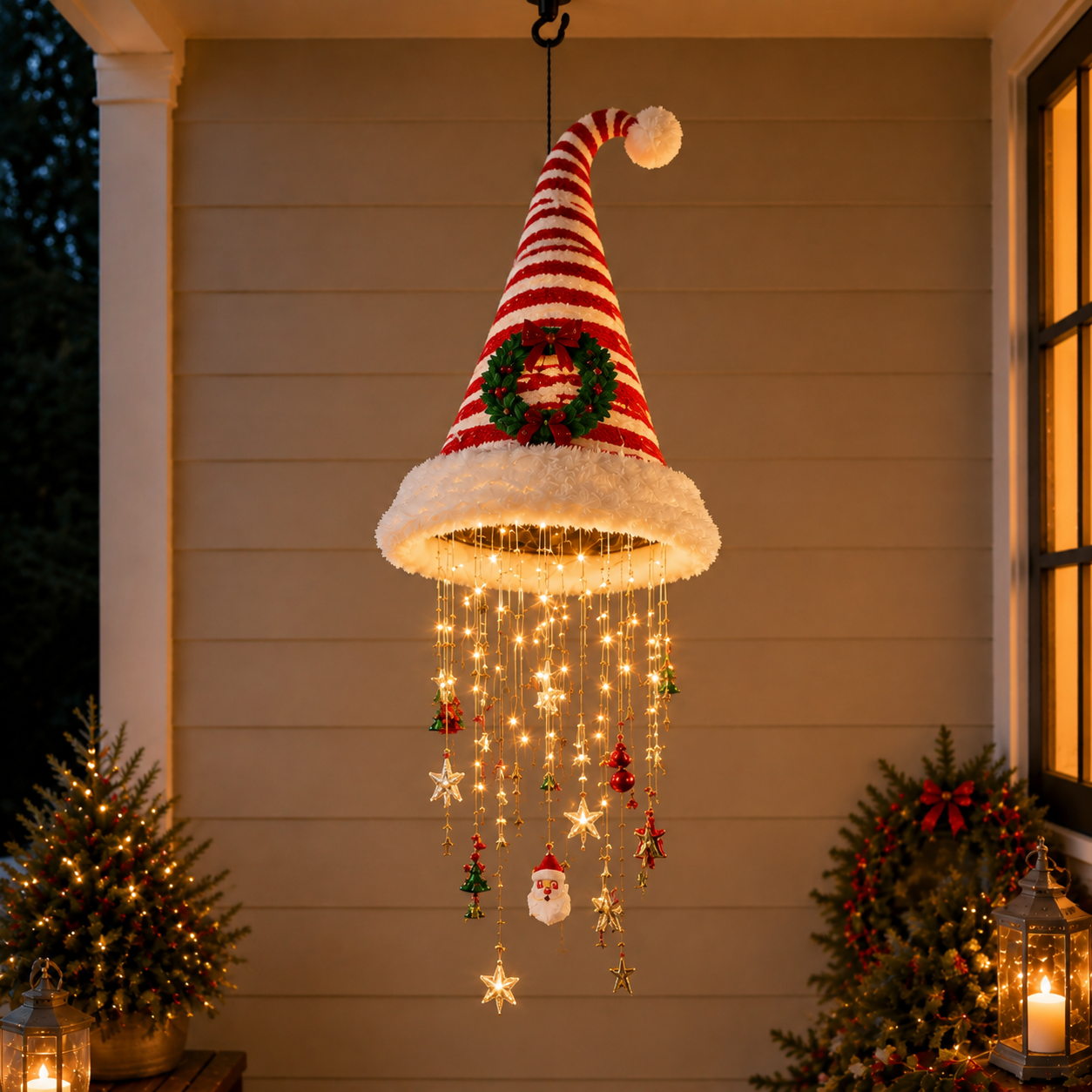 🎅 Lighted Santa Hat Hanging Chandelier 🎄 | 5 Styles Warm LED Christmas String Light | Indoor Outdoor Porch Holiday Decor Gift