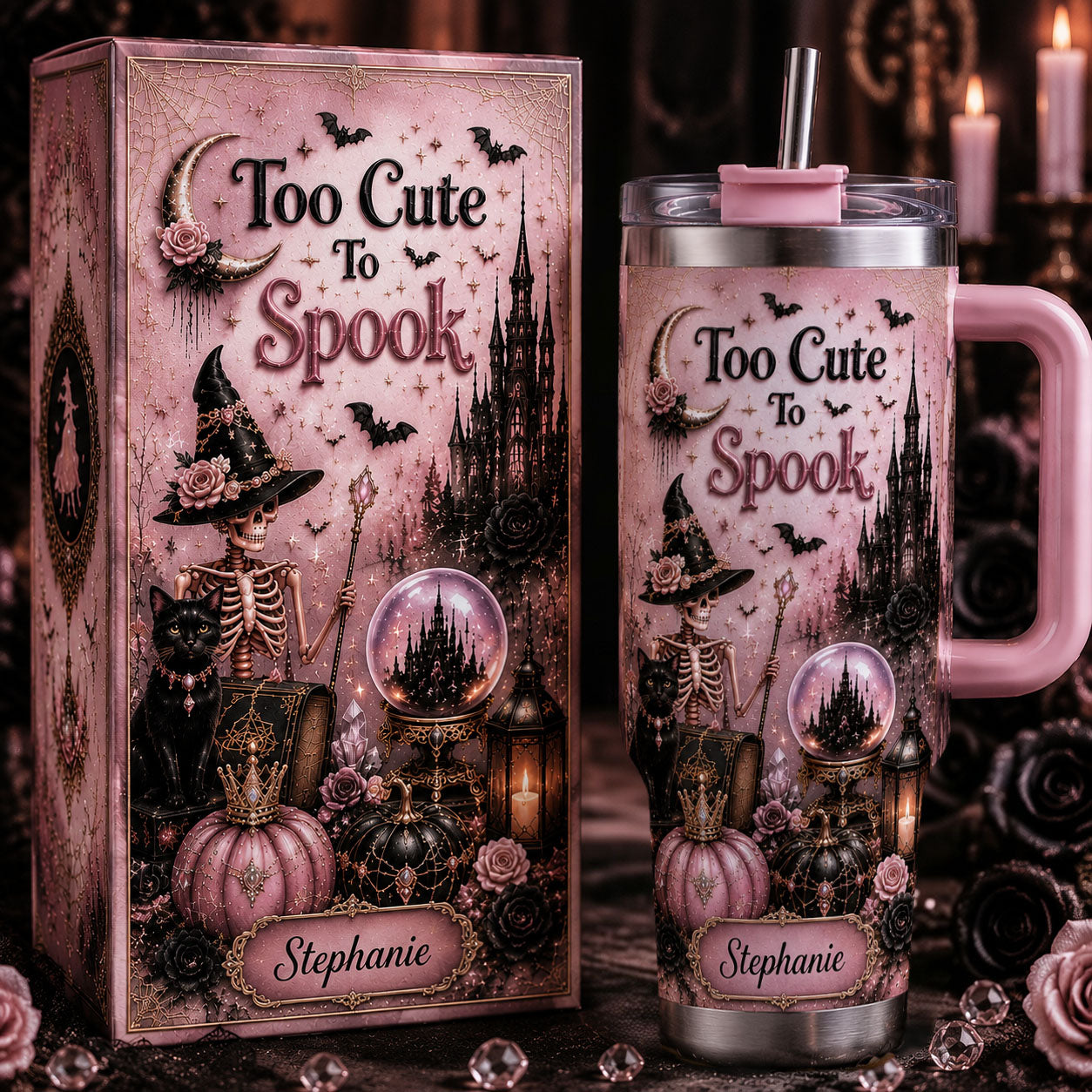 🎀Too Cute To Spook Custom Name Tumbler | Skeleton Witch