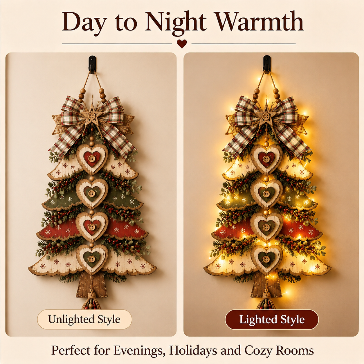 🎄Rustic Wooden Christmas Tree Wall Hanging Ornament 🎀 | Light‑Up & Non‑Light Versions Farmhouse Xmas Door Hanger with Plaid Bow & Heart Decor