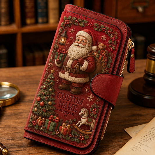 🎄Personalized Christmas Wallet 🎁 | Custom Name Vintage Faux Leather Zip Clutch Purse, 4 Styles Reindeer Snowman Santa X‑mas Tree Holiday Gift