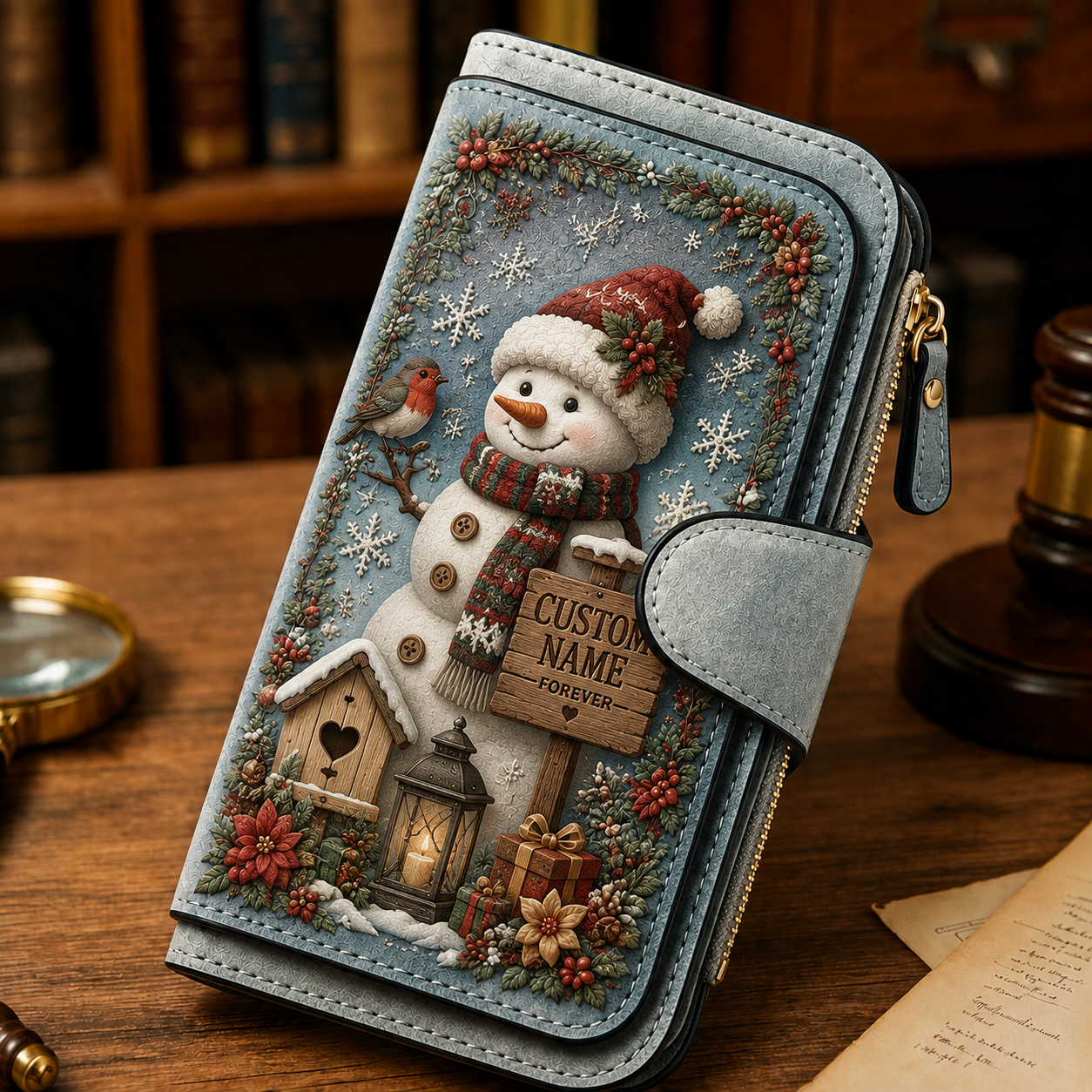 🎄Personalized Christmas Wallet 🎁 | Custom Name Vintage Faux Leather Zip Clutch Purse, 4 Styles Reindeer Snowman Santa X‑mas Tree Holiday Gift
