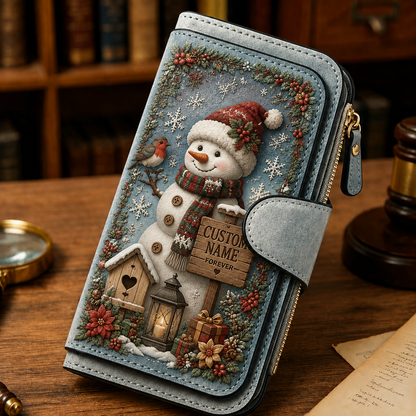 🎄Personalized Christmas Wallet 🎁 | Custom Name Vintage Faux Leather Zip Clutch Purse, 4 Styles Reindeer Snowman Santa X‑mas Tree Holiday Gift