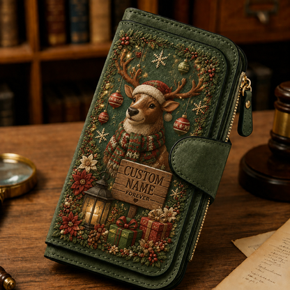 🎄Personalized Christmas Wallet 🎁 | Custom Name Vintage Faux Leather Zip Clutch Purse, 4 Styles Reindeer Snowman Santa X‑mas Tree Holiday Gift